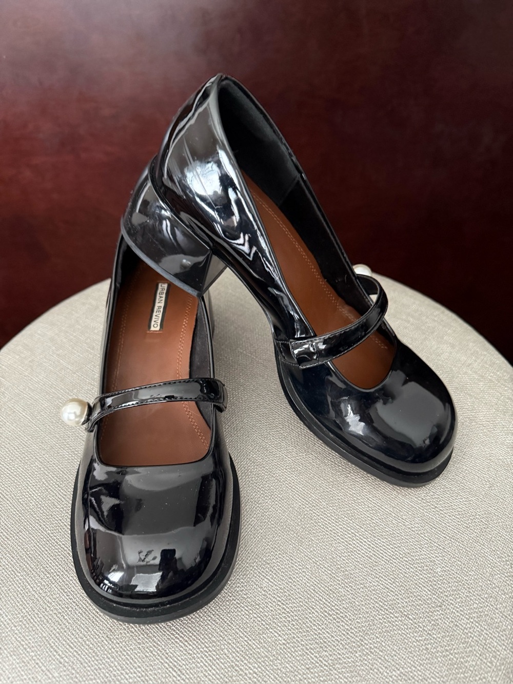 Urban Revivo Black Patent Mary Jane Block Heels with Pearl Accent Size 6